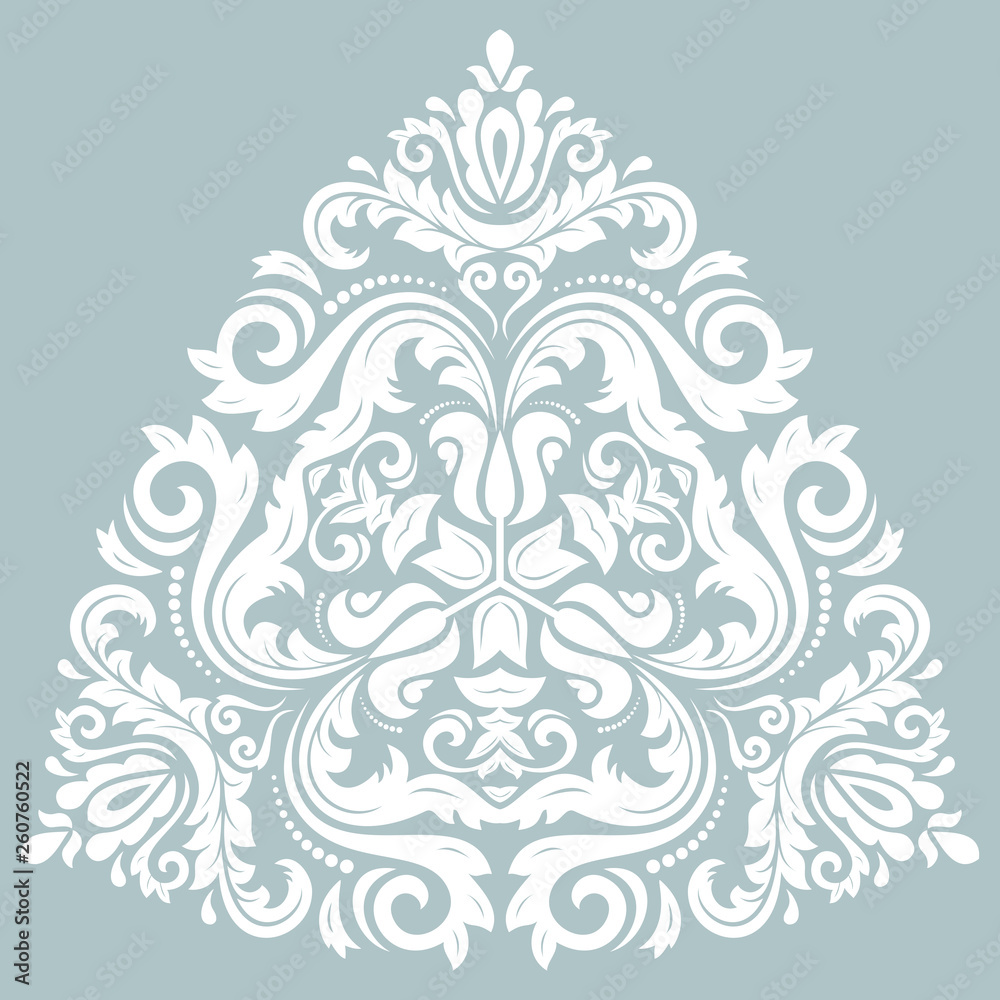 Oriental white triangular pattern with arabesques and floral elements. Traditional classic ornament. Vintage pattern with arabesques