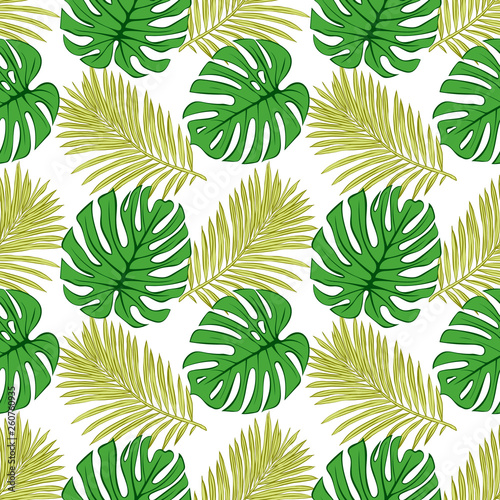 Seamless pattern with tropical leaves  palms  monstera  jungle leaf seamless vector pattern dark background. Swimwear botanical design. Vector.