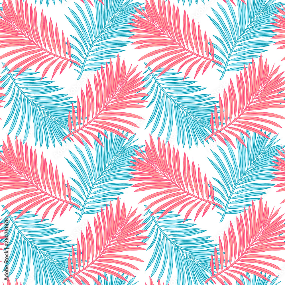 Seamless tropical background. Hand-drawn illustration of palm leaves. Background to create your design: packaging, invitations, greetings, textiles, wallpaper, etc. 