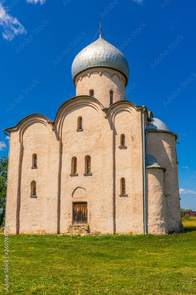 Church of Our Saviour on Nereditsa, Velikiy Novgorod vicinity, Russia. White stone orthodox temple against blue sky. Monument of ancient russian architecture. UNESCO world heritage site