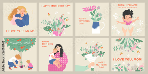 Mother's day card set with cute cartoon characters and bouquets of flowers