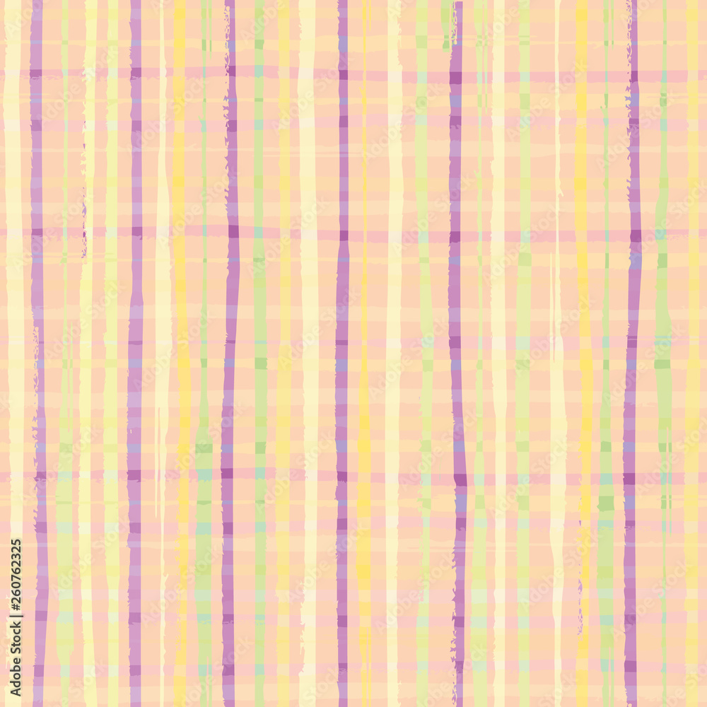 Modern checkwork seamless vector pattern. Checkered pastel yellow, purple and green design with hand drawn stripes. Great for wellbeing, baby, summer, kitchen, party products, packaging, stationery. Modern checkwork seamless vector pattern. Checkered pastel yellow, purple and green design with hand drawn stripes. Great for wellbeing, baby, summer, kitchen, party products, packaging, stationery.