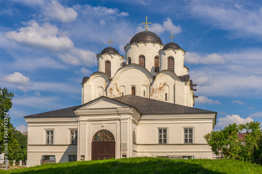 St. Nicholas Cathedral at Yaroslav's Court in Velikiy Novgorod, Russia. Summer landscape with architectural landmark. Monument of ancient russian architecture. UNESCO world heritage site