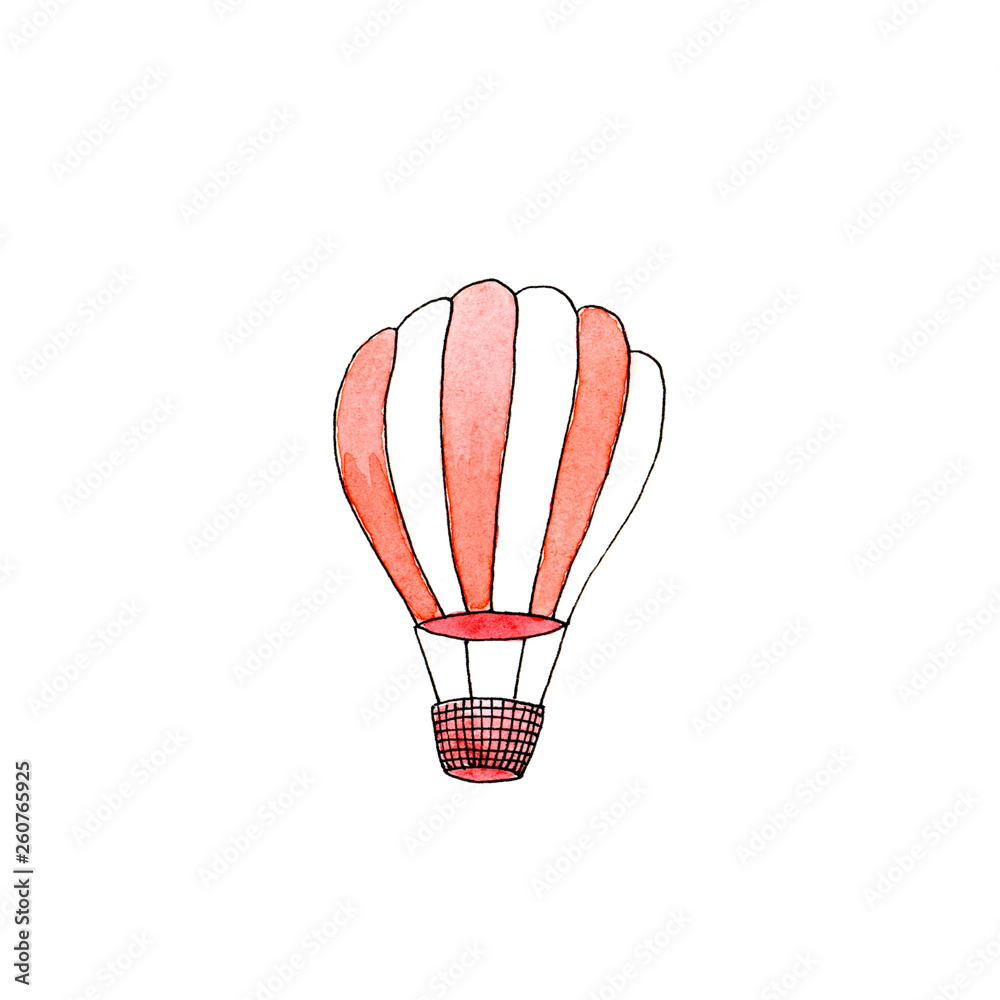Fototapeta premium Watercolor hot air balloon. Isolated design element for birthday card or summer adventures. Raster format. Rise up concept.