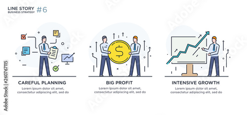 Set of illustrations concept with businessmen. Workflow, growth, graphics. Business development, milestones. linear illustration Icons infographics. Landing page site print poster. Line story
