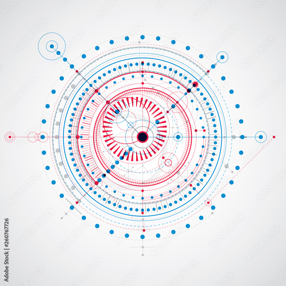 Technical plan, abstract engineering draft for use in graphic and web design. Red and blue vector drawing of industrial system created with mechanical parts and circles.