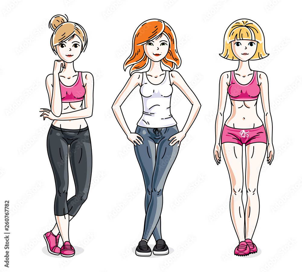 Happy pretty young women standing wearing stylish sport clothes. Vector diversity people illustrations set. Lifestyle theme fem characters.