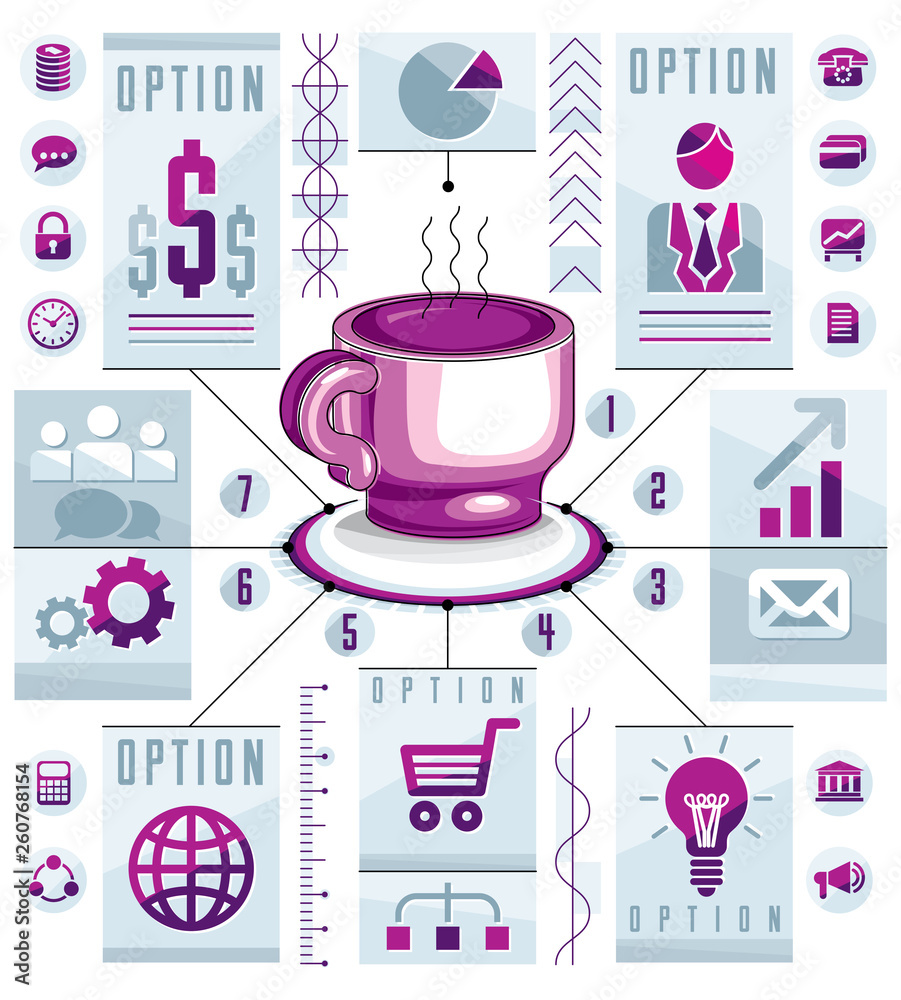 Infographics circular concept with cup of tee or coffee, 3d drawing info presentation idea, vector illustration. Infographics circular concept with cup of tee or coffee, 3d drawing info presentation idea, vector illustration.