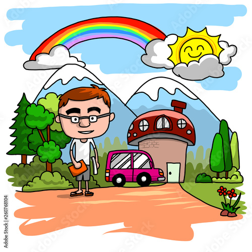 A glasses man holding books standing in front of house and nature, drawing style