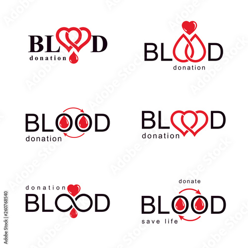 Vector blood donation conceptual illustrations collection. Healthcare and medical treatment concepts for use in pharmaceutical business.