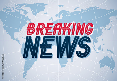 Breaking News vector background, world news TV or internet channel translation, illustration with world map and typing, news website or blog, live news, video or articles. Vector design.