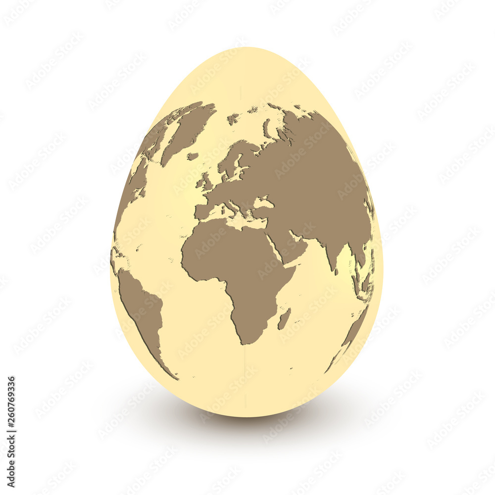 Planet Earth in shape of egg isolated on a white background with shadow. Conceptual vector image of world Easter celebration or international egg day Planet Earth in shape of egg isolated on a white background with shadow. Conceptual vector image of world Easter celebration or international egg day