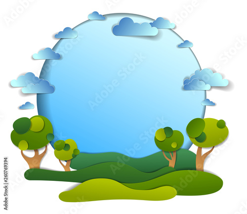 Green fields and trees scenic landscape of summer with clouds in the sky, frame background with copy space,  paper cut illustration, holidays in countryside, travel and tourism theme.
