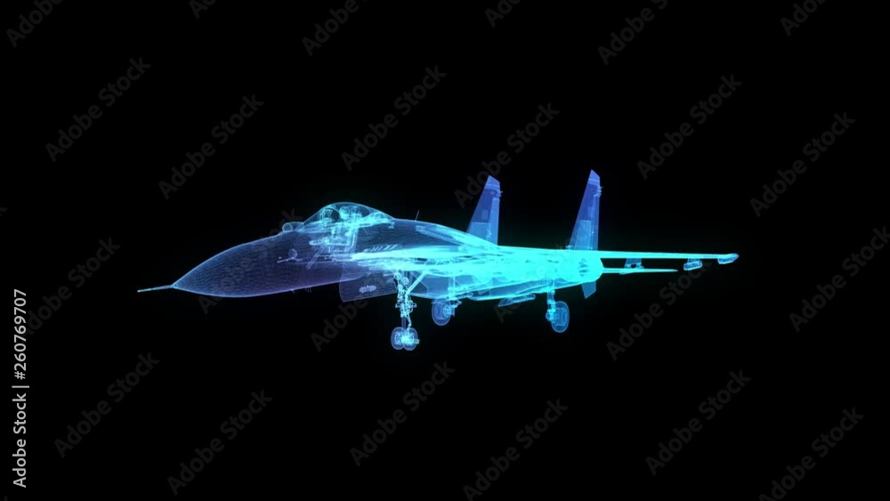 Fighter jet in flight from abstract polygonal line. Low poly fighter in motion , lines and connected to form. Rotating seamless loop. Digital technology visualization of 3d.