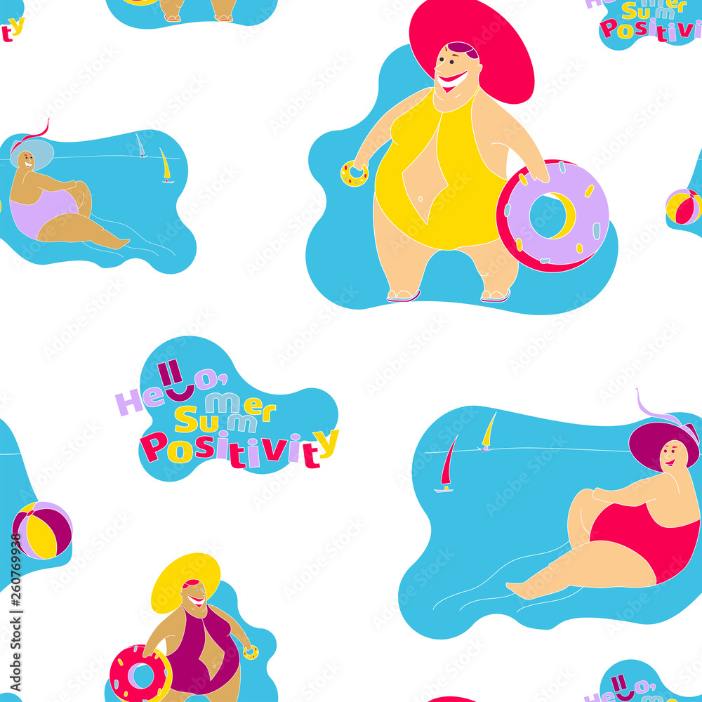 Seamless pattern Happy Fat Girl on the Beach