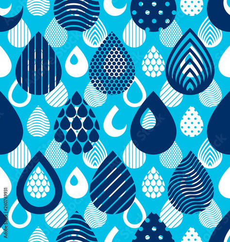 Rain drops falling seamless pattern, vector blue colored repeat endless background. Dripping trendy illustration.