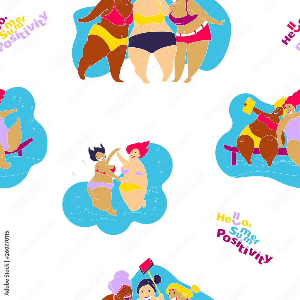 Seamless pattern Happy Fat Girl on the Beach