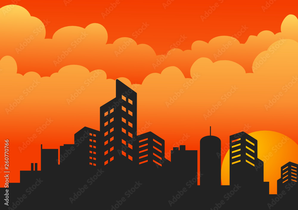 silhouette of city at sunset in the afternoon