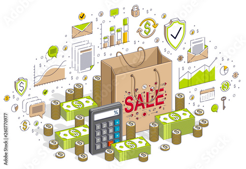 Big Sale concept, Retail, Sellout, Shopping Bag with cash money stacks isolated on white background. Vector 3d isometric business illustration with icons, stats charts and design elements.