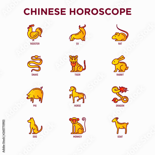 Chinese horoscope thin line icons set: rooster, ox, mouse, dragon, tiger, rabbit, pig, horse, dog, monkey, goat. Modern vector illustration for calendar.