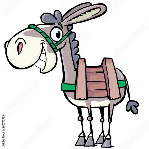 smiling little Donkey with a pack saddle