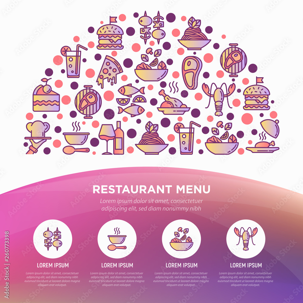 Restaurant menu concept in half circle with thin line icons: starters, chef dish, BBQ, soup, beef, steak, beverage, fish, salad, pizza, wine, seafood, burger. Vector illustration for print media.