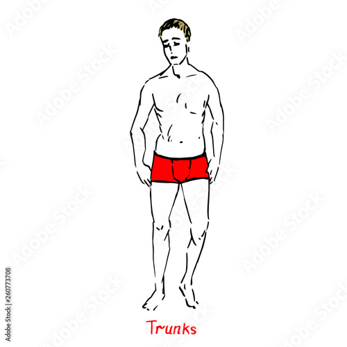 Portrait of blonde sexy guy in red trunks type of swimsuit with inscription  hand drawn outline doodle  sketch vector illustration