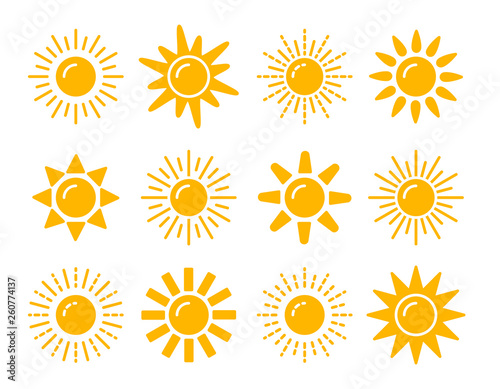 Sun symbol collection. Flat vector icon set. Sunlight signs. Weather forecast. Isolated object