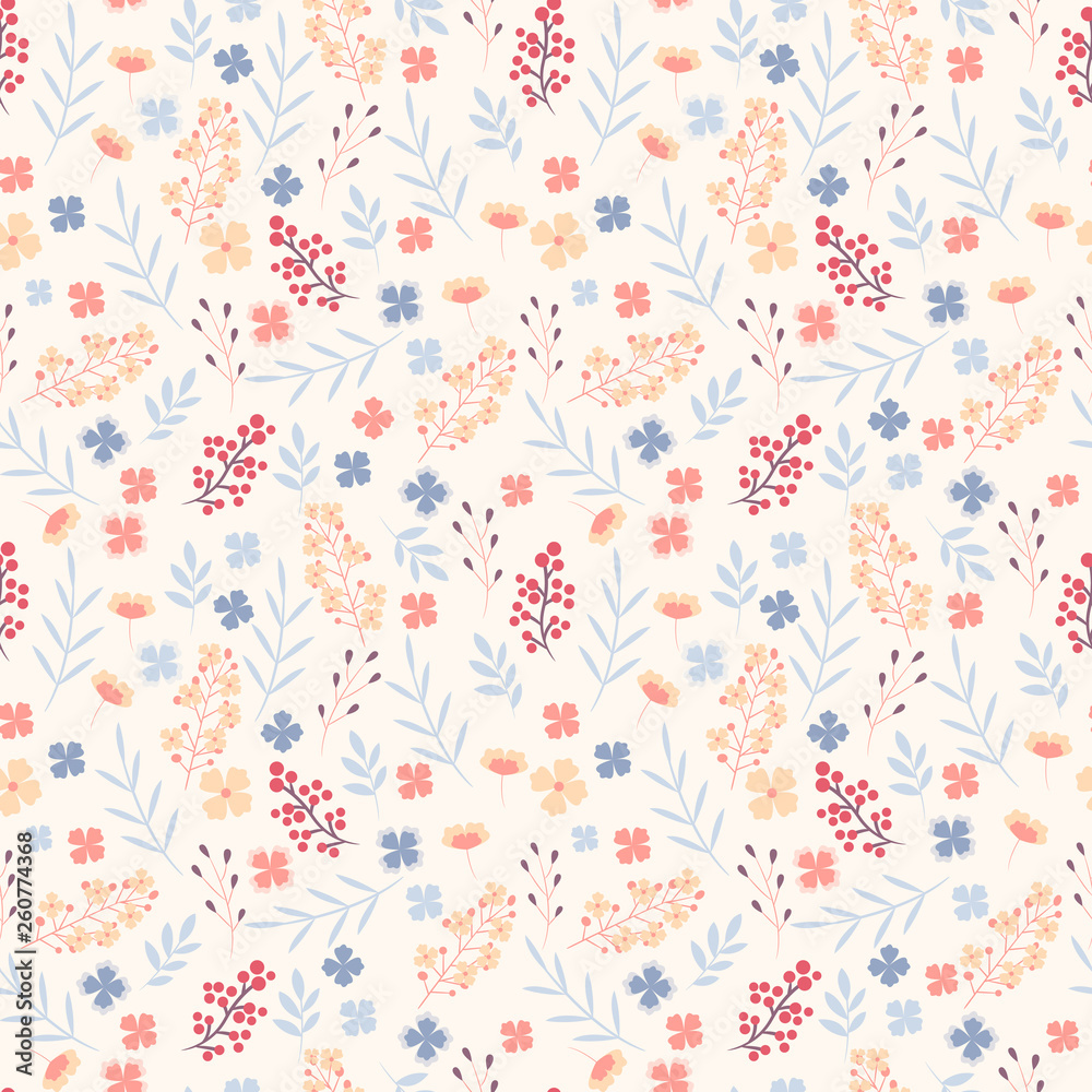 Vector floral pattern in doodle style with flowers and leaves. Gentle colors, spring floral background. Can be used for wallpaper, pattern fills, surface textures, fabric prints Vector floral pattern in doodle style with flowers and leaves. Gentle colors, spring floral background. Can be used for wallpaper, pattern fills, surface textures, fabric prints