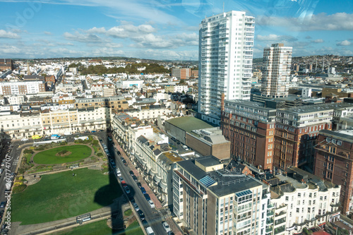 Brighton, England-18 October,2018: Top view of Brighton cityscape town on the British Airways i360 skyline tower in seafront at Brighton East Sussex for visitor and tourism. photo