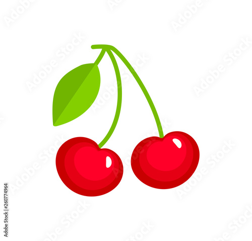 Vector illustration of two red ripe cherries with stem & leaves. Flat icon of organic fresh berries. Isolated object