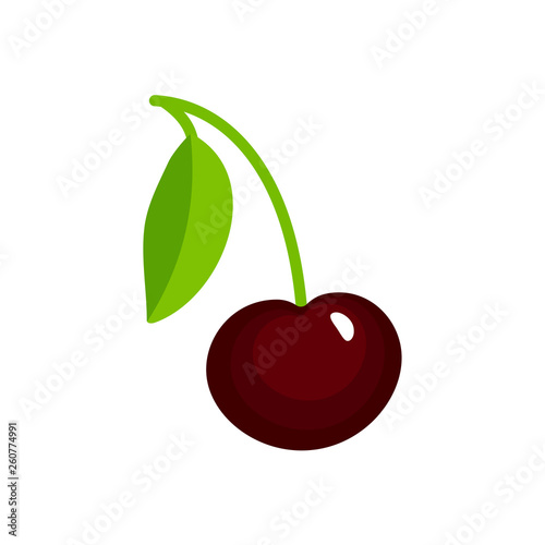 Vector illustration of black ripe cherry with stem & leaves. Flat icon of organic fresh berry. Isolated object