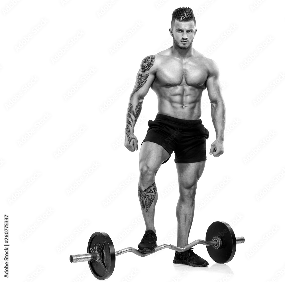 Muscular Men Lifting Weights. Studio shot on white background Muscular Men Lifting Weights. Studio shot on white background