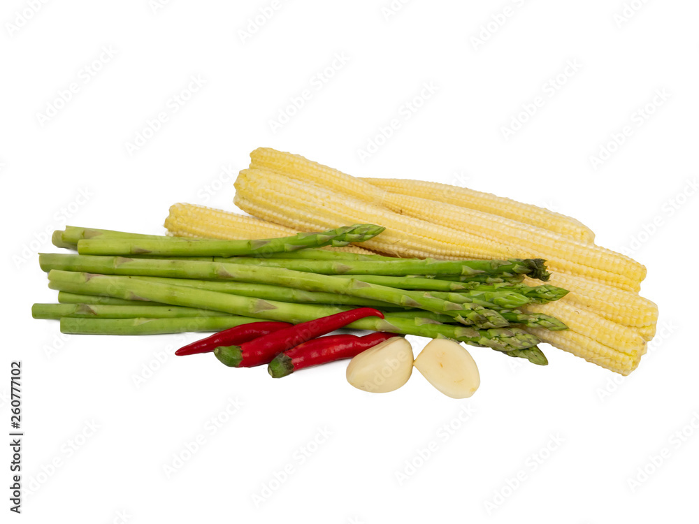 sparagus, baby corn, red chili fresh vegetable on white backgrounAd sparagus, baby corn, red chili fresh vegetable on white backgrounAd