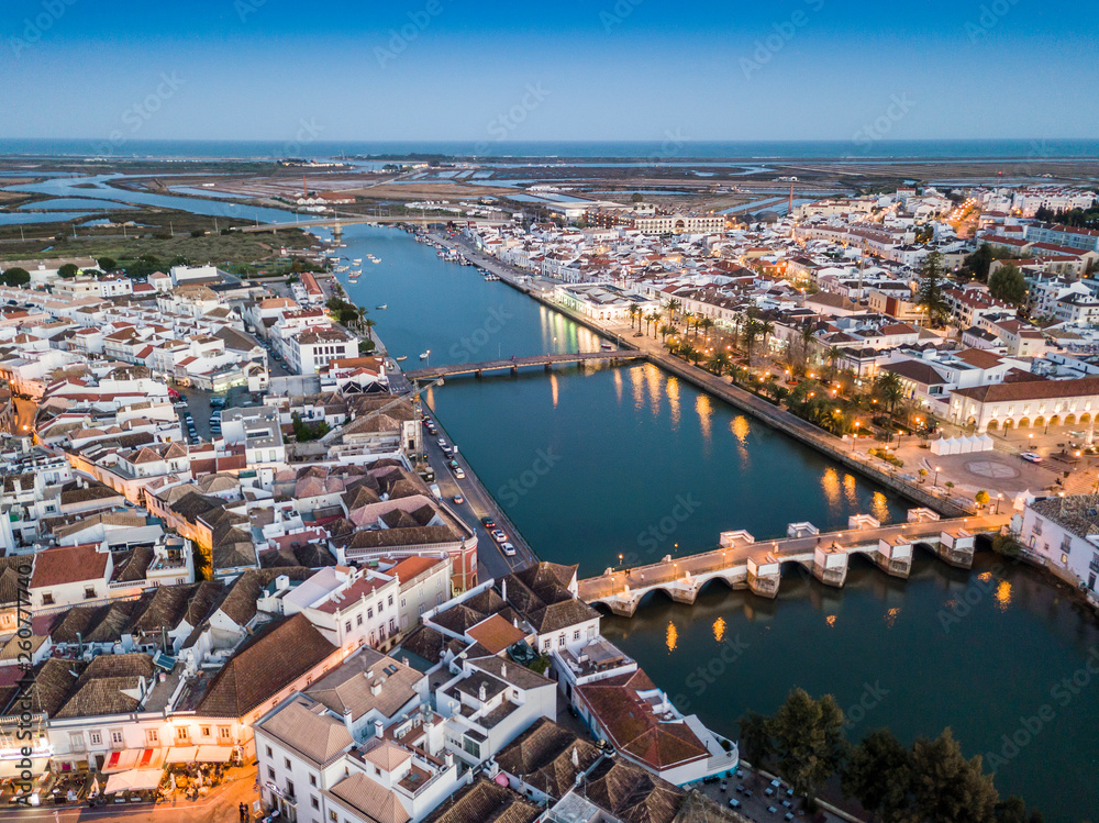 Aerial cityscape of beautiful Tavira in the evening, Algarve, Portugal