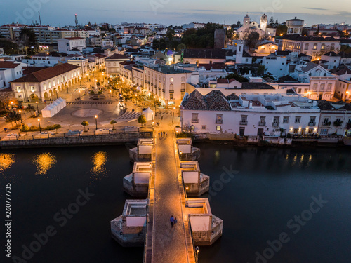 Aerial cityscape of beautiful Tavira in the evening, Algarve, Portugal