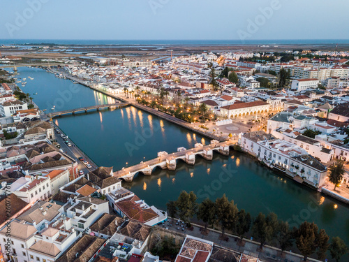 Aerial cityscape of beautiful Tavira in the evening, Algarve, Portugal