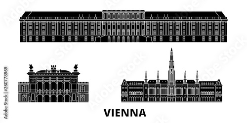 Austria, Vienna flat travel skyline set. Austria, Vienna black city vector panorama, illustration, travel sights, landmarks, streets.
