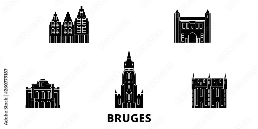 Fototapeta premium Belgia, zestaw panoramę płaskich podróży Brugia. Belgia, czarna panorama wektor miasta Brugia, ilustracja, zabytki turystyczne, zabytki, ulice.