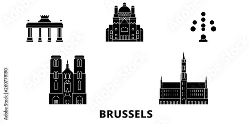 Belgium, Brussels flat travel skyline set. Belgium, Brussels black city vector panorama, illustration, travel sights, landmarks, streets.