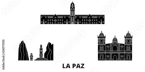 Bolivia , La Paz flat travel skyline set. Bolivia , La Paz black city vector panorama, illustration, travel sights, landmarks, streets.