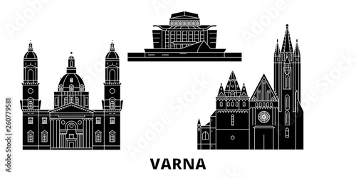 Bulgaria, Varna flat travel skyline set. Bulgaria, Varna black city vector panorama, illustration, travel sights, landmarks, streets.