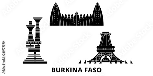Burkina Faso flat travel skyline set. Burkina Faso black city vector panorama, illustration, travel sights, landmarks, streets.