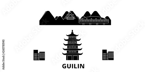 China, Guilin flat travel skyline set. China, Guilin black city vector panorama, illustration, travel sights, landmarks, streets.