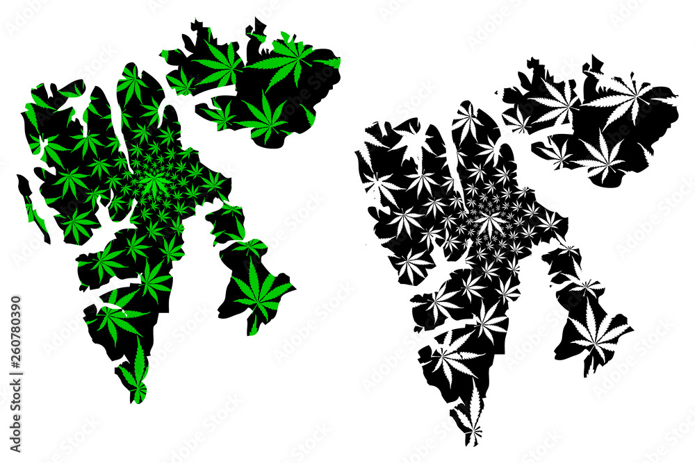 Svalbard - map is designed cannabis leaf green and black,  Spitsbergen, Nordaustlandet and Edgeoya map made of marijuana (marihuana,THC) foliage,