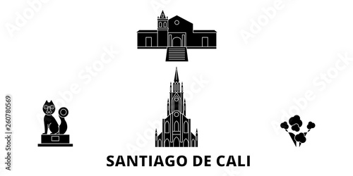 Colombia, Santiago De Cali flat travel skyline set. Colombia, Santiago De Cali black city vector panorama, illustration, travel sights, landmarks, streets.