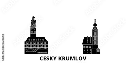 Czech Republic, Cesky Krumlov flat travel skyline set. Czech Republic, Cesky Krumlov black city vector panorama, illustration, travel sights, landmarks, streets.