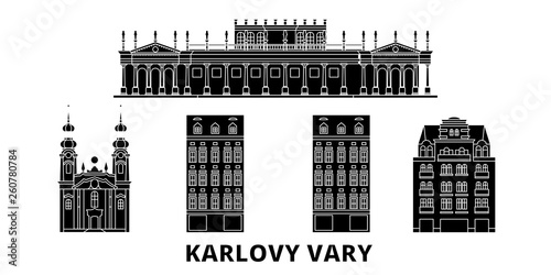 Czech Republic, Karlovy Vary flat travel skyline set. Czech Republic, Karlovy Vary black city vector panorama, illustration, travel sights, landmarks, streets.