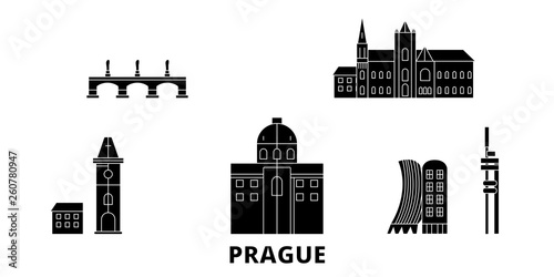 Czech Republic, Prague flat travel skyline set. Czech Republic, Prague black city vector panorama, illustration, travel sights, landmarks, streets.