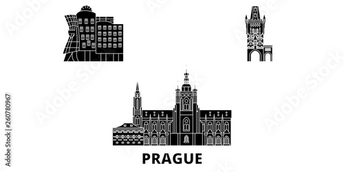 Czech Republic, Prague City flat travel skyline set. Czech Republic, Prague City black city vector panorama, illustration, travel sights, landmarks, streets.